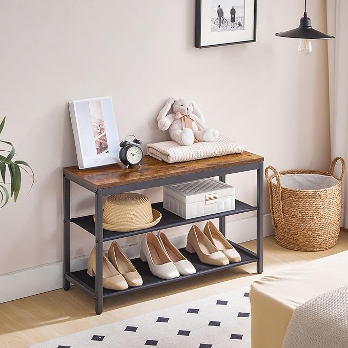 HOOBRO Shoe Bench, 3-Tier Shoe Rack Bench with Oxford Fabric Shelves, 29.5" L Shoe Storage Shelf Organizer, Entryway Bench Holds 6-8 Pairs of Shoes, Lightweight, Space-Saving, Rustic Brown BF77HX01