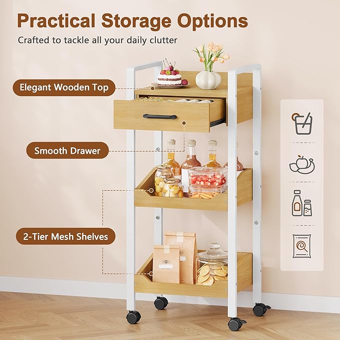 Hoctieon 3-Tier Rolling Storage Cart with Drawer, Rolling Utility Cart Organizer, Mobile Shelving Unit with Wheels, Metal Frame, Kitchen Utility Cart for Small Space, Office, Bathroom, Oak Beige
