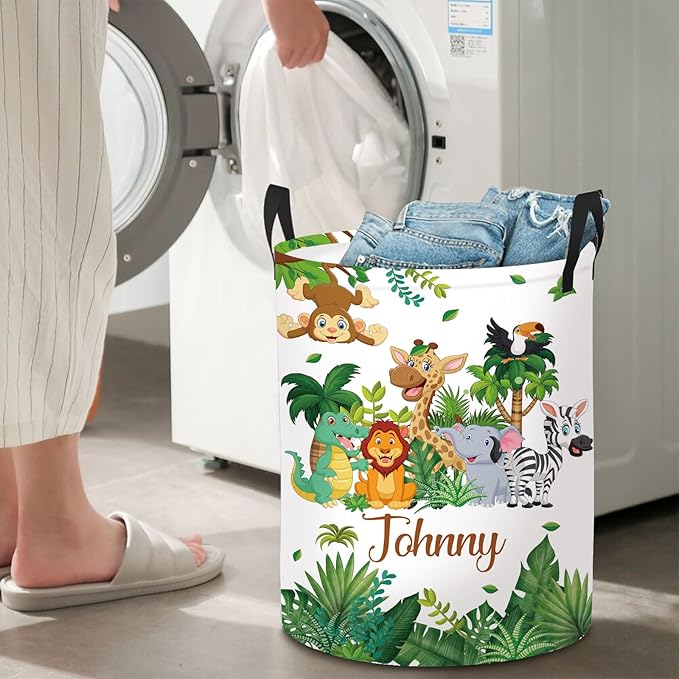 Personalized Name Baby Boys Hamper 2 Sizes, Custom Name Safari Animals Laundry Baskets for Toddler Kids Adults, Customize Baby Name Woodland Animals Print Storage Basket with Handles