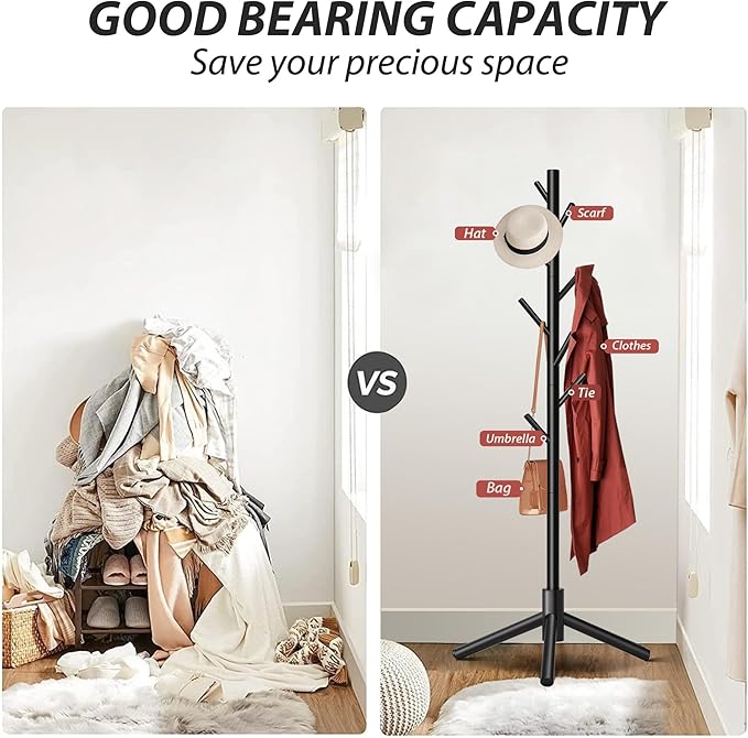 Durable Wooden Coat Rack, Freestanding Coat Rack with Stable Triangular Base, 8 Hooks & 3 Adjustable Heights, Simple Assembly for Bedroom, Hallway, Office(New Black)