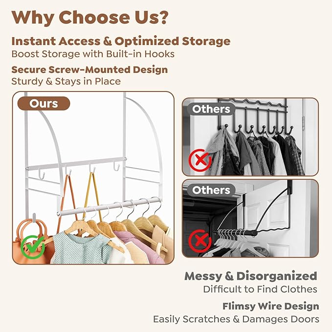 Over The Door Clothes Hanger Drying Rack, Over Door Drying Rack Hooks for Hanging Towels, Coats & Clothes, Door Hanger Organizer Storage for Bathroom Bedroom Laundry Dorms Washroom (White)