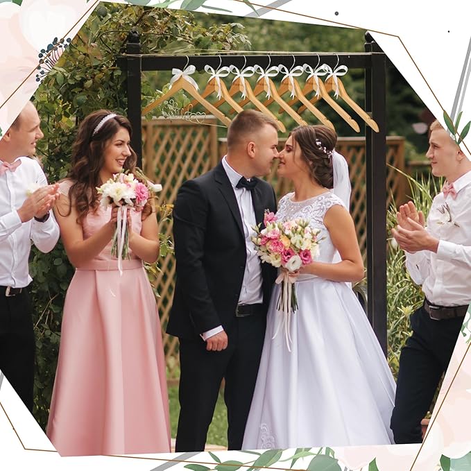 8 Pcs Wire Bride Bridesmaid Hanger Set Wood Color Wedding Dress Hanger with White Ribbon Wooden for Bridal Shower Photo Keepsake Party Wedding Gift