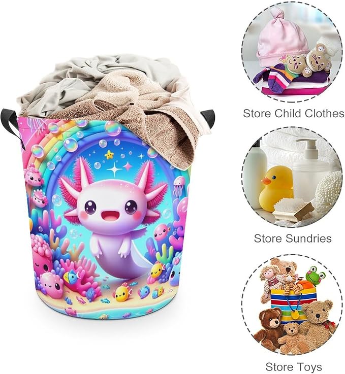 Cute Axolotl Rainbow Laundry Hamper Underwater Coral Hampers for Laundry Dirty Clothes Basket Organizer Room Decor