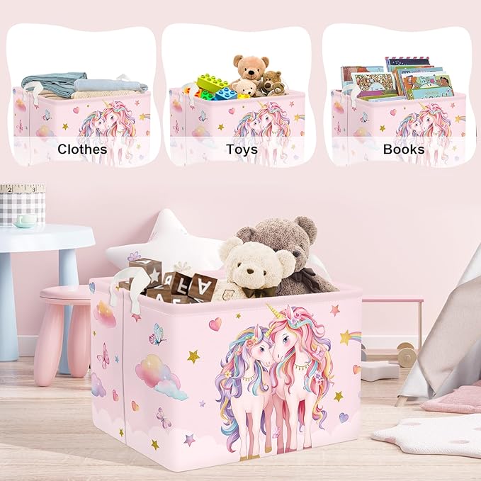 Clastyle Cute Unicorn Laundry Basket Cloud Kids Clothes Book Storage Basket Gift Toy Box for Bedroom Decor,Hearts,40x30x30 cm
