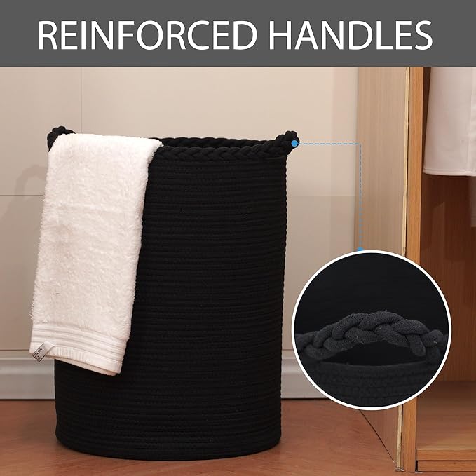 58L Woven Laundry Basket,Cotton Tall Laundry Hamper for Blankets,Clothes,Pillows,Toys,Shoes Large Laundry Bin Black