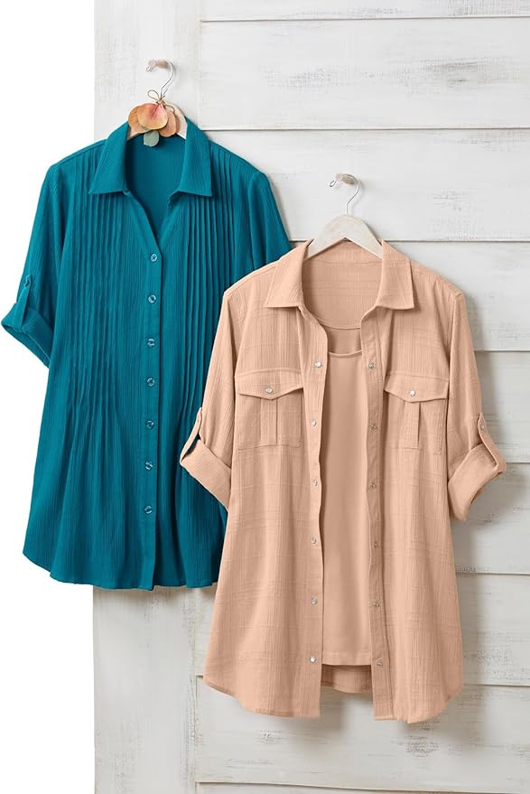 Woman Within Plus Size Pintucked Button Down Gauze Shirt