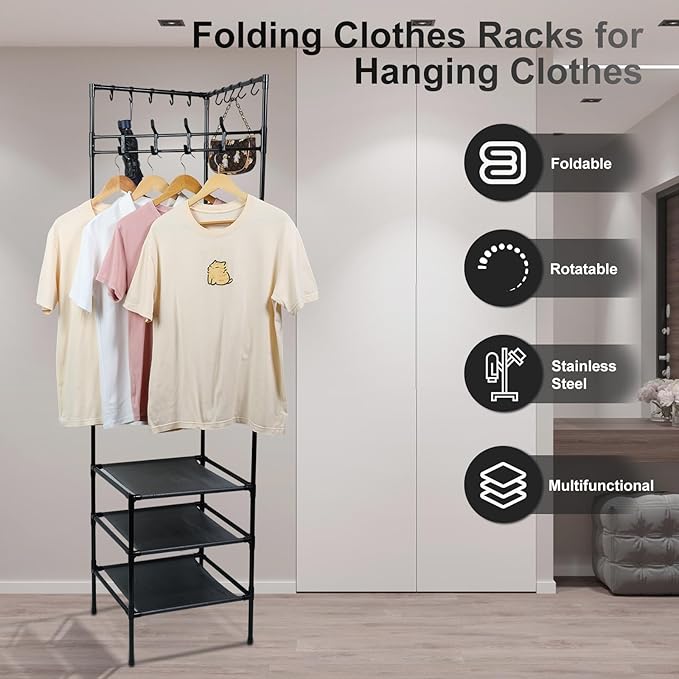 Corner Hall Tree, Freestanding Coat Rack with 3 Tier Shoes Rack Storage and 10 Movable Hooks, Corner Storage Organizer, Metal Entryway Coat Rack, Waterproof Corner Organizer Coat Rack for Home (Black)