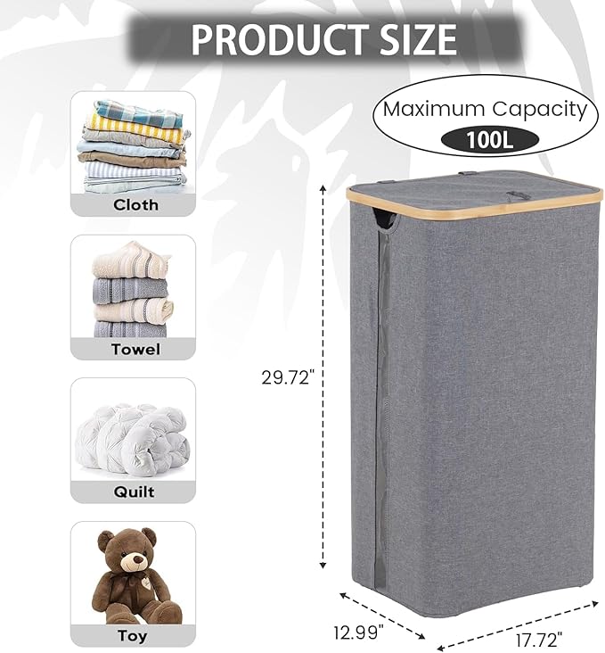 100L Laundry Basket with Lid, Clothes Hampers for Laundry with Bamboo Handles Large Foldable Laundry Hamper with Removable Inner Bag for Laundry Room, Bathroom, Bedroom and Dorm - Grey