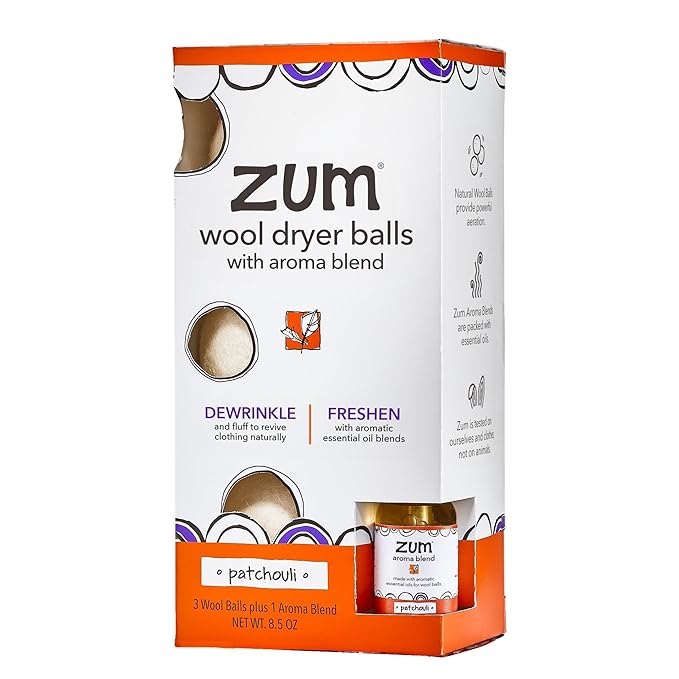 Indigo Wild Zum Laundry Dryer Balls Kit - Wool Laundry Balls for The Dryer - Essential Oil Spray - Reusable Drying Balls for Laundry - Patchouli - (3 Dryer Balls, 1 Aroma Blend)