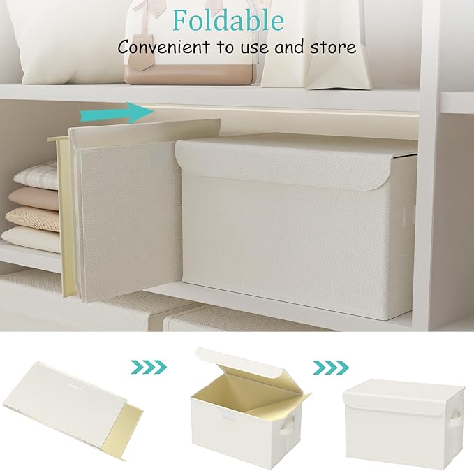 Fabric Storage Bin with Lid, Closet Boxes with Cover, Collapsible Stackable Organizer Basket with 2 Handles, for Home and Bedroom, 4 Pack, Beige, 10.2 x 7.9 x 6.7 In, XSNY12BES-4