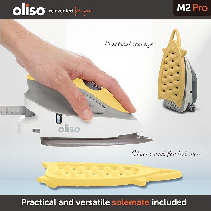 oliso M2Pro Mini Steam Iron with Solemate® – 1000 Watt Dual Voltage Travel Iron for Sewing, Quilting, and Crafting – Ceramic Soleplate, Precision Tip – Butterscotch