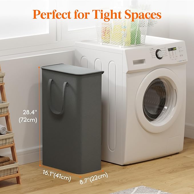 Lifewit 65L Slim Small Laundry Hamper, Laundry Basket with Lid, Dirty Collapsible Clothes Storage with Easy Carry Extended Handles, Tall Hampers for Bedroom Laundry Room, Gray, 1 Pack