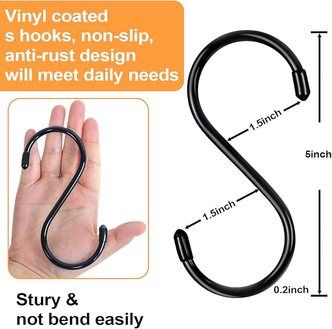 12 Pack 5 Inch S Hooks for Hanging, Large Vinyl Coated Closet Hooks Non Slip Heavy Duty, Rust Proof Steel Black Metal S Hooks for Hanging Jeans Plants Clothes Bag Purse Bird Feeder Pot Pan Cups Towel