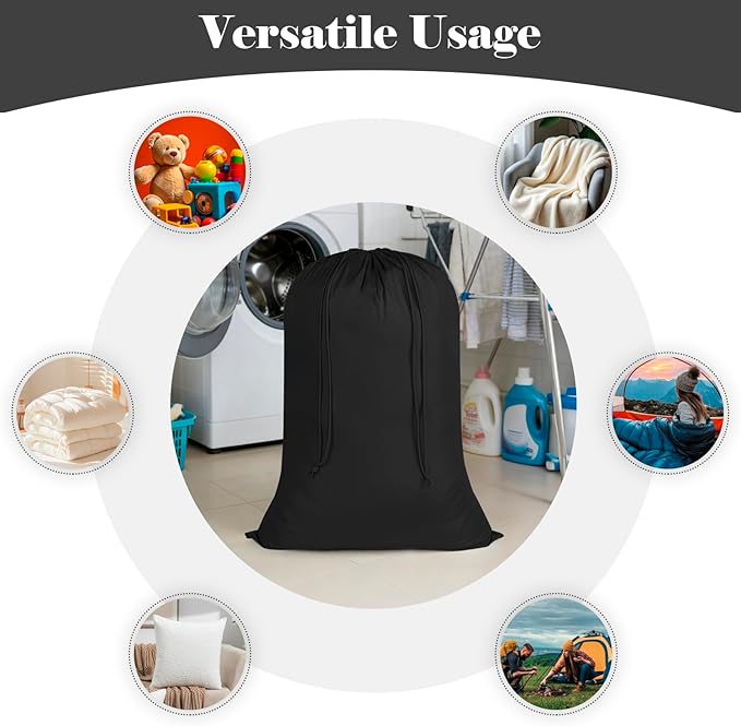 Laundry Bags Extra Large Heavy Duty, Nylon Travel Laundry Bag with Drawstring for Dirty Clothes, 28" x 40" Sleeping Bag Storage Sack, Basket Hamper Liner, Black