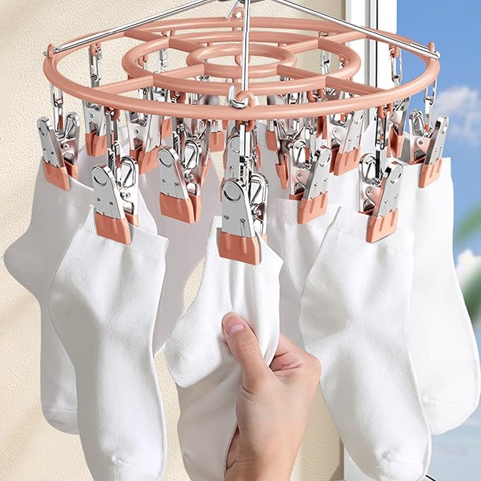 Drying Rack for Sock, Stainless Steel Sock Drying Rack with 24 Clips, Swivel Hook Windproof Hanger for Sock, Bras, Towel, Underwear, Laundry, Hat, Scarf, Pants, Gloves (White)