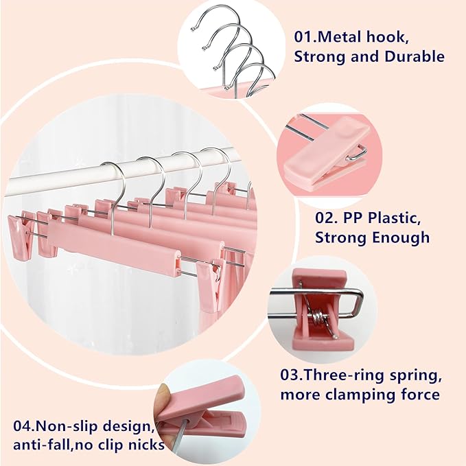 Skirt Hangers 20 Pack, Pants Hangers with Clips，360 ° Swivel Hook Space Saving Hangersfor Pants, Skirts, Clothes, Jeans，Pink