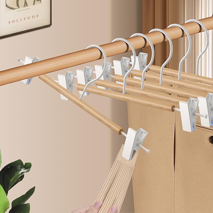 Wooden Pants Hangers with Clips 10 Pack Adjustable Wood Skirt Hangers for Women&Men Space Saving Closet Non Slip Clothes Hanger for Jeans,Trousers,Short,12Inch Natural