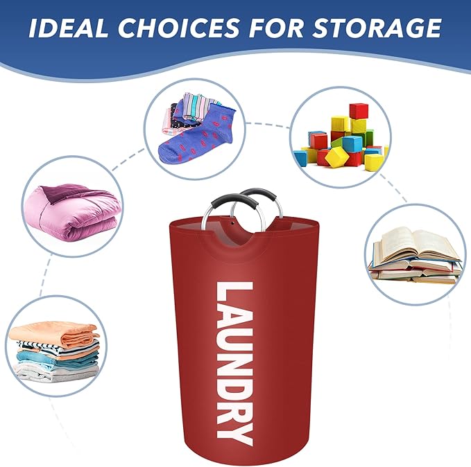 75L Large Laundry Basket, Freestanding Waterproof Laundry Hamper, Collapsible Folding Tall Clothes Hamper, Easy Carry with Foam Protected Aluminum Handles for Dorm, Family, Travel (Red)
