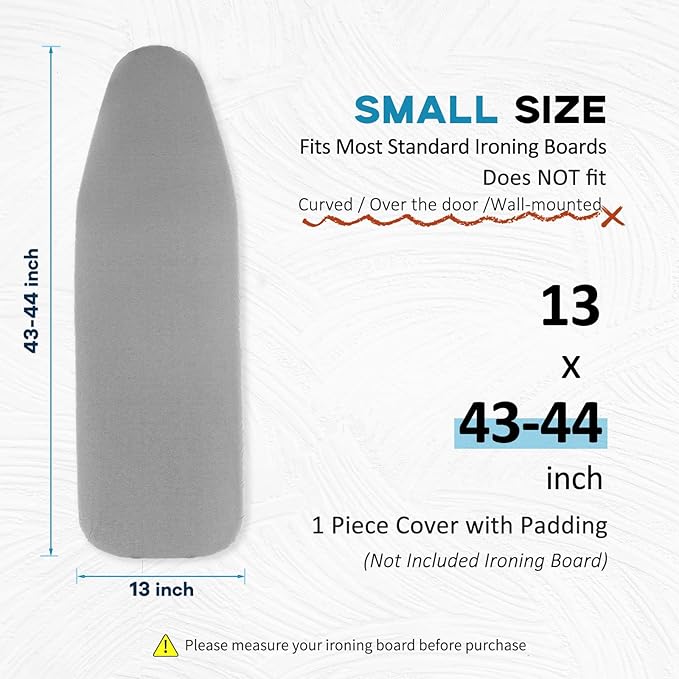 Small Ironing Board Cover 13"x43", RAINHOL Iron Board Replacement Cover and Pad, Thick Felt Padding, Scorch Resistant 100% Cotton, Heat Reflective, Elastic Edge, Grey