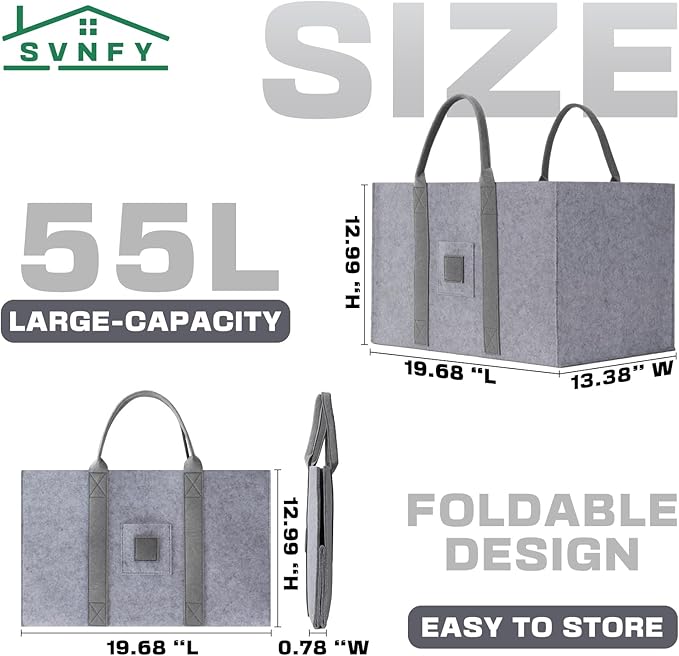 Large Laundry Tote 55L, 2 Pack Fabric Laundry Baskets with Handles, Woolen Clothes Hampers for Dorm, Laundry, Grocery, Traveling, Camping, Shopping, Versatile Storage Solutions (Light Grey)