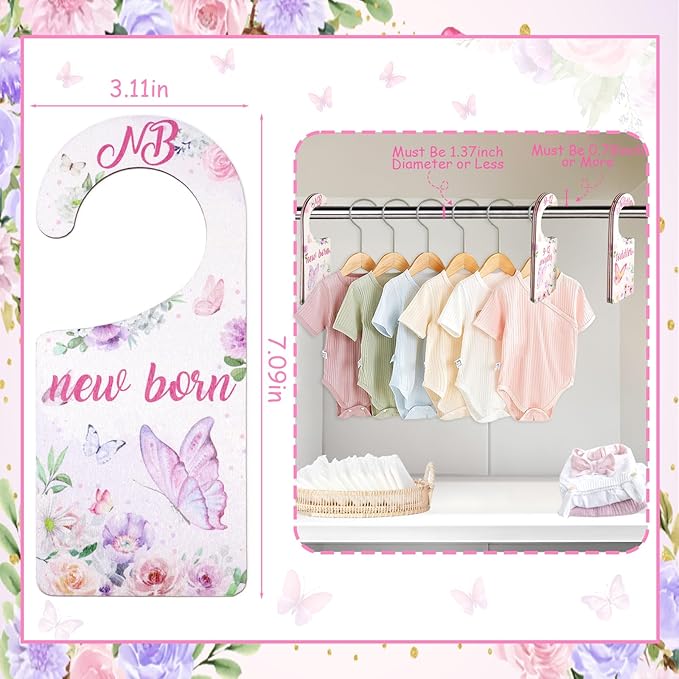 Baby Closet Dividers 8PCS, Butterfly/Floral Theme Wooden Double-Sided Clothes Size Hanger Organizer from Newborn to Toddler for Nursery Decor Baby Shower Birthday Gift