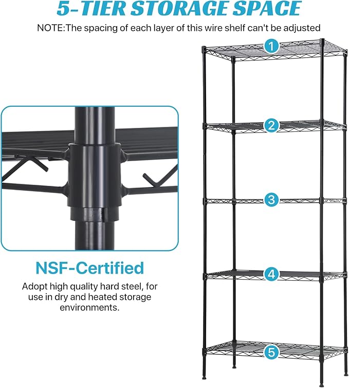 Storage Shelves Heavy Duty Metal Shelving Unit with Leveling Feet, 5 Tier Adjustable Garage Storage Rack, 750 LBS, Utility Metal Shelves for Pantry Kitchen Office (Black, 24" L x 14" W x60" H)
