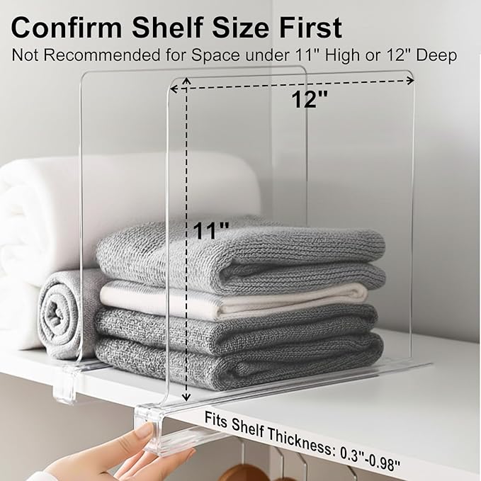 Shelf Dividers Purse Organizer for Closet: 11-inch Tall(Higher Version) Acrylic Sweater Organizer - Upgraded Extra Height for Large Handbags, Totes, Clothes, Towels on Wood Shelves 4-Pack