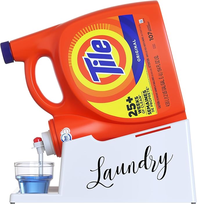 Skywin Laundry Detergent Holder Stand Organizer and Drip Tray for Laundry Room Organization, Laundry Soap Holder for Liquid Laundry Detergent, Laundry Detergent Stand (White with Print)