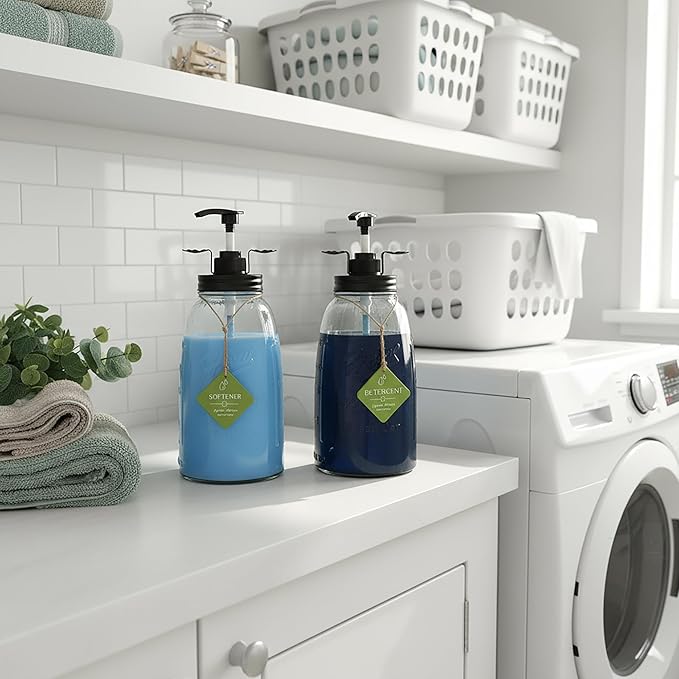 Glass Laundry Detergent Container - Besuerte Large Capacity Liquid Laundry Detergent Dispenser with Refillable & Reusable 2x50oz Mason Jars and Save Effort Pump Aid Handle, Black Cap