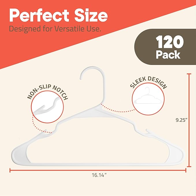 White Plastic Hangers 120 Pack– Heavy-Duty Plastic Hangers Slim and Space-Saving, Durable and Lightweight PP with Non-Slip Shoulder Notches for Slip Dresses, Suits, Jackets & Camisoles
