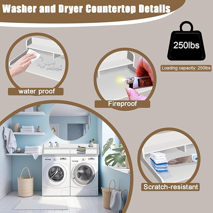 2-Tier Washer and Dryer Countertop, Wooden Washer Dryer Countertop, 27.5" Depth X 54" Laundry Countertop Over Washer and Dryer for Folding Clothes Over Washer and Dryer (White)