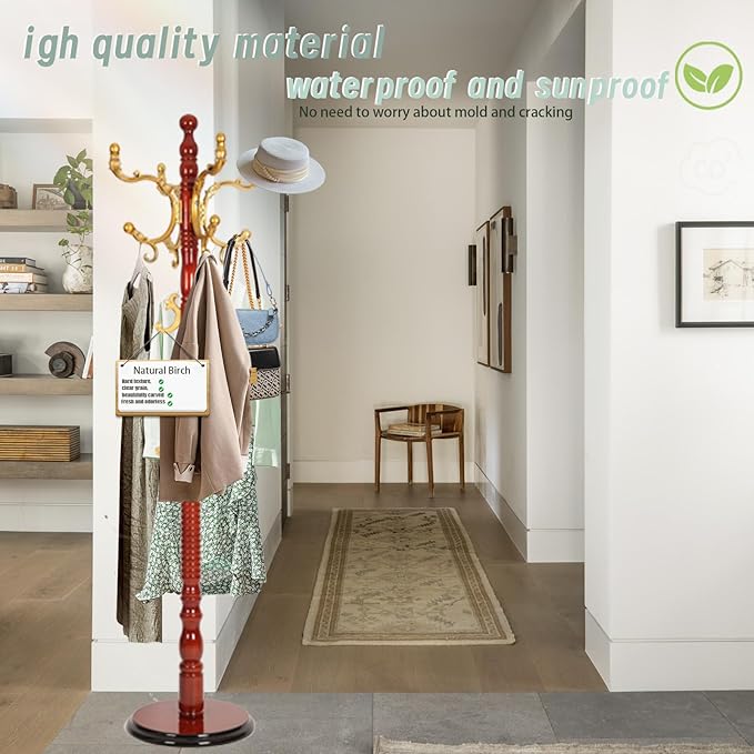 Coat Rack Freestanding,Solid Wooden Coat Rack Stand with 3 Height Options,14 Hooks, Natural Birch Coat Tree Easy to assemble for Clothes Jacket Hat bag Entryway (mahogany) (begonia)