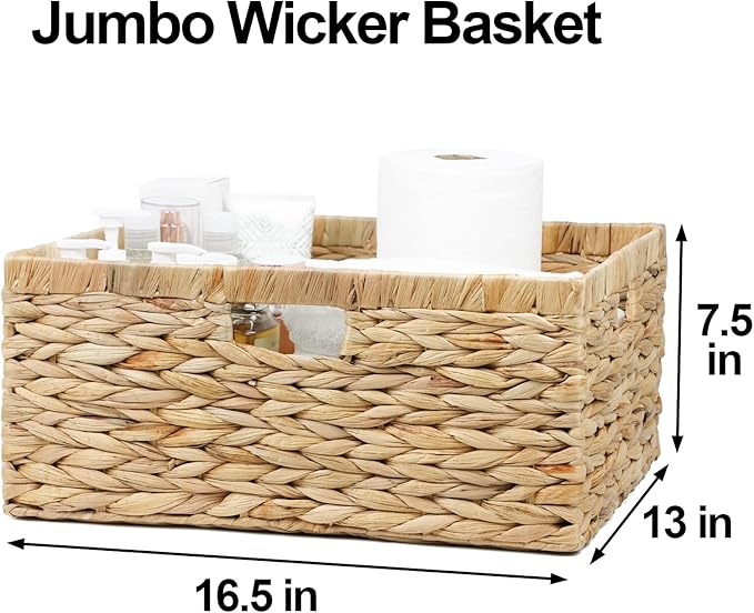 Jumbo Wicker Basket, Rectangular Wicker Baskets for Storage, Water Hyacinth Extra Large Storage Baskets, Shelf Basket with Built-in Handles-1 Pack
