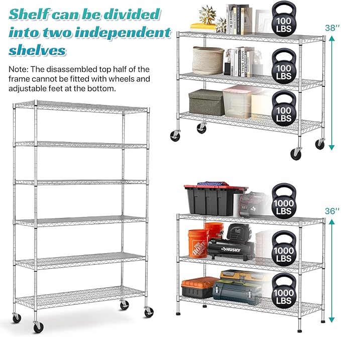 6-Tier Heavy Duty Wire Shelving Unit with Wheels or Leveling Feet, 6000 LBS Total Capacity, Adjustable Metal Storage Rack for Garage, Pantry, Kitchen, Basement, 48" W x 18" D x 76" H, Chrome