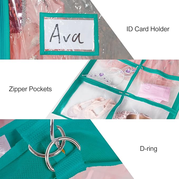 Univivi PVC Dance Costume Garment Bag - 40 Inch, Blue-green, 4 Medium Clear Zipper Pockets, 1 Large Back Zippered Pocket (1 Pack)