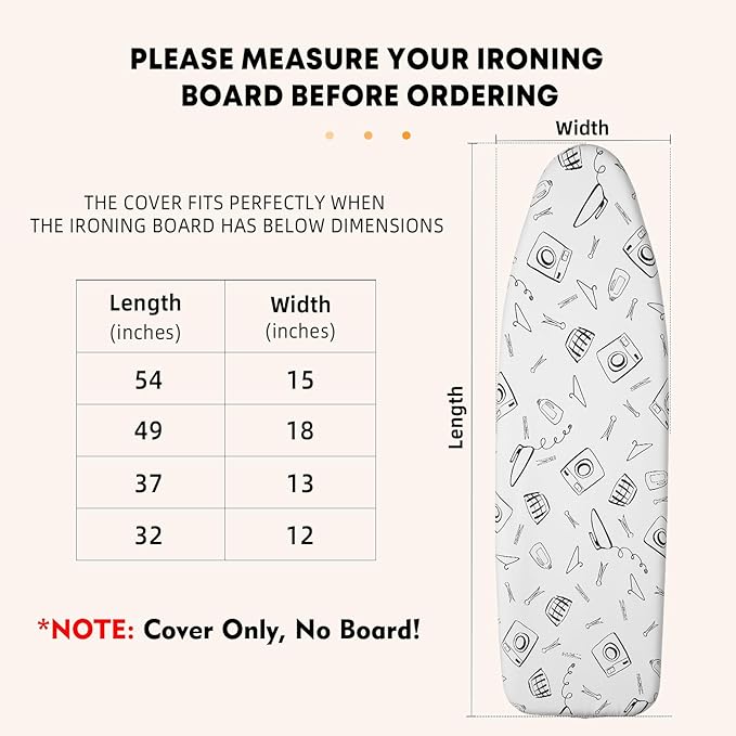Seiritex Ironing Board Cover and Pad Standard Size 15 x 54 inch, Heat Reflective with Hook and Loop Fasteners, Thick Padding with Elasticized Edges, 3 Layers Iron Board Cover (White)