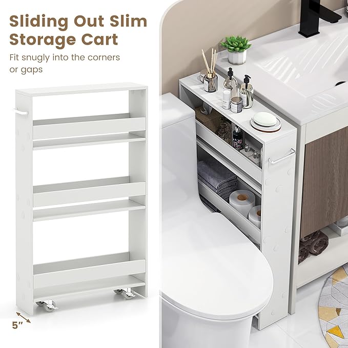 4-Tier Slim Rolling Storage Cart, Wooden Kitchen Utility Cart with Wheels & Handle, Space Saving Trolley, Slide Out Shelving Unit for Narrow Spaces, Laundry, Bathroom (White)
