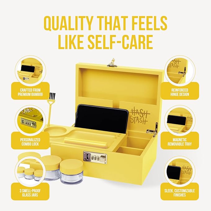 HASHSTASH The OG Storage Box - Large Bamboo Box with Combination Lock, Magnetic Lid, Organizer Tray, Airtight Tube and 3 Jars - Discreet Decorative Locking Wooden Box with Accessories (Yellow/Gold)