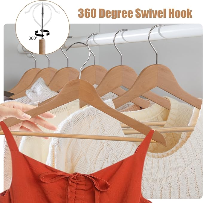 20-Pack Wooden Hangers, Schima superba Hanger, Natural Wood Suit Hangers with Non-Slip Trouser Bars, Hanger for Shirts, Jackets, Dresses, Wedding Dresses