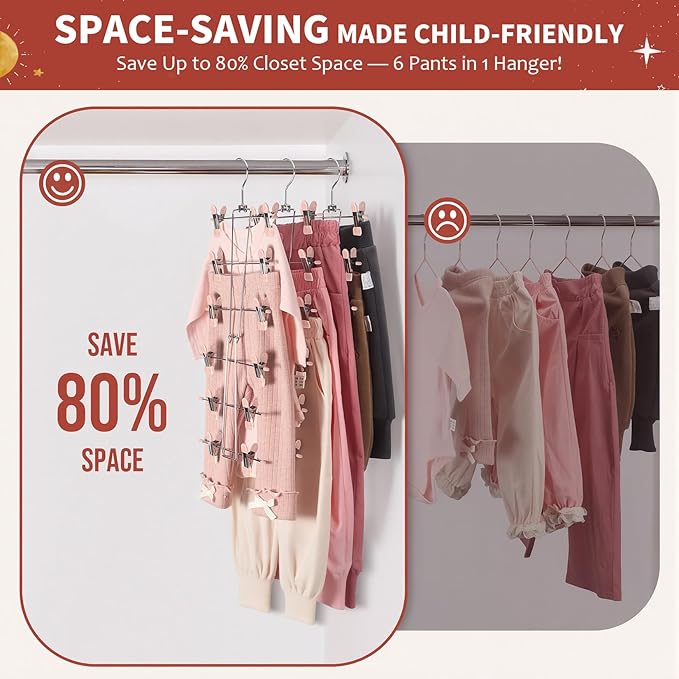 DOIOWN 6-Tier Baby Hangers with Clips - Space Saving Kids Pants Hangers for Babies & Kids Pant,Clothe,Adjustable Toddler Clothes Hanger for Newborn Children Closet Organization Pink 2Pack