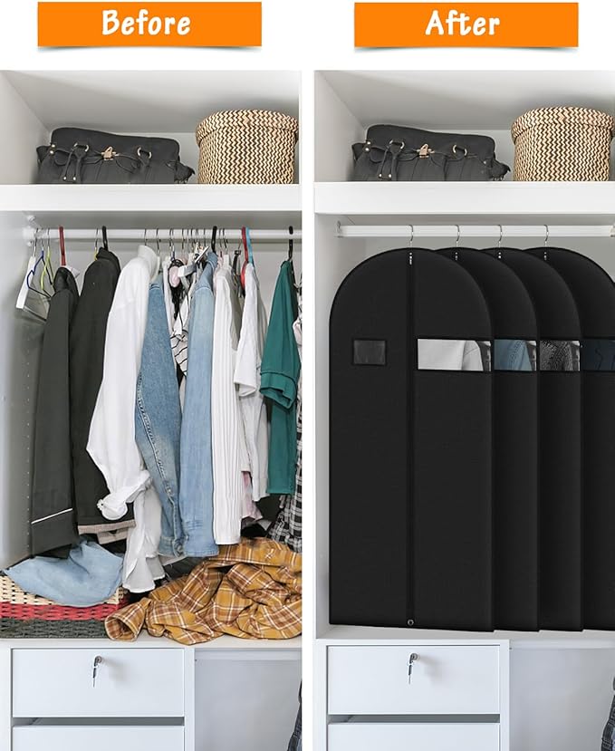Garment Bags for Hanging Clothes (8 packs,43 inches) Black Suit Bags for Closet Storage and Travel with Clear Window for Sweater Coat Suits Shirt
