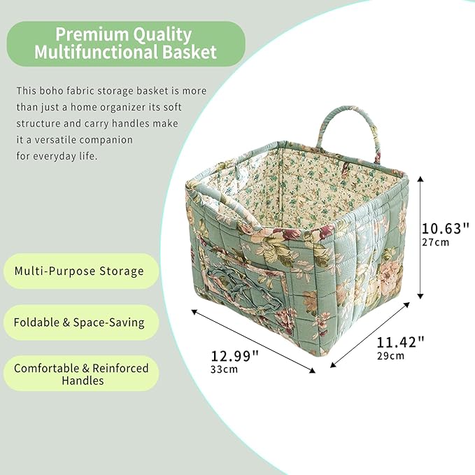 Mo&Cy Floral Pattern Storage Basket Large Capacity Fabric Storage Baskets Boho Floral Laundry Baskets with Easy Carry Handles,Baskets for Gifts Empty (Green Cottage)