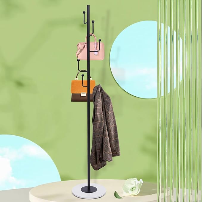 67" Heavy Duty Retail Garment Rack Coat, Bag and Hat Display for Home or Boutique Clothing Stores, Metal Stand Marble Base with 6 Hooks, Floor Standing Clothes Rack Organizer Storage Rack