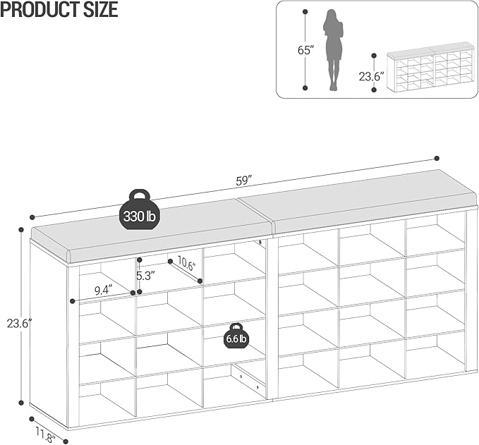 Shoe Storage Bench with Cushion, Entryway Storage Bench with 24 Cubbies, 9.5" Widened Organizer Cabinet, Long Cubby Rack for Living Room, Bedroom, Entryway, White SB32403GY