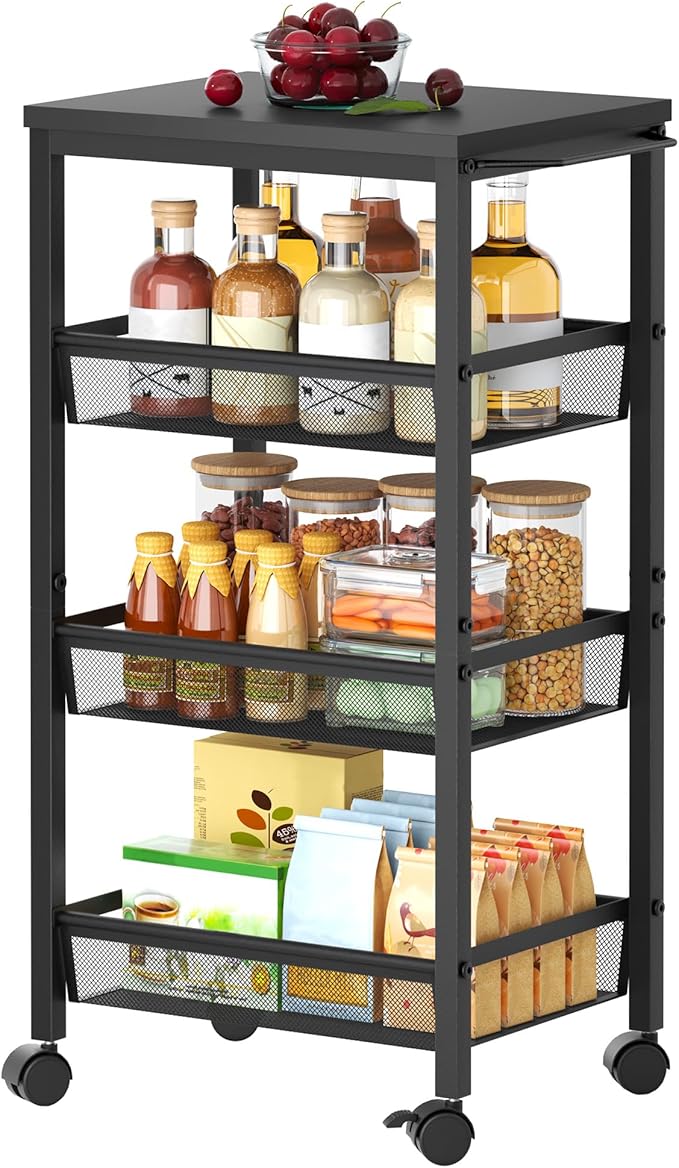 Hoctieon Rolling Storage Cart, 4-Tier 11.8" Wide Panel Rolling Kitchen Storage Cart, Utility Cart with Handle & Wheels, Mobile Shelving Unit, Metal Frame Narrow Cart for Home Kitchen, Laundry, Black