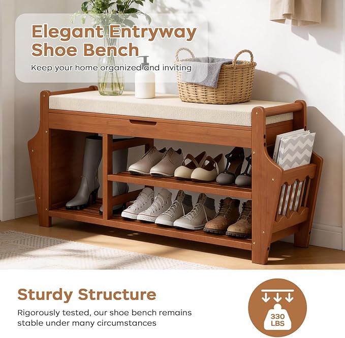39.4in Shoe Bench with 2 Side Holder, 3 Tier Bamboo Entryway Bench with Storage, Shoe Rack Bench Organizer with Cushion for Entryway Hallway Living Room, Holds up to 330lbs