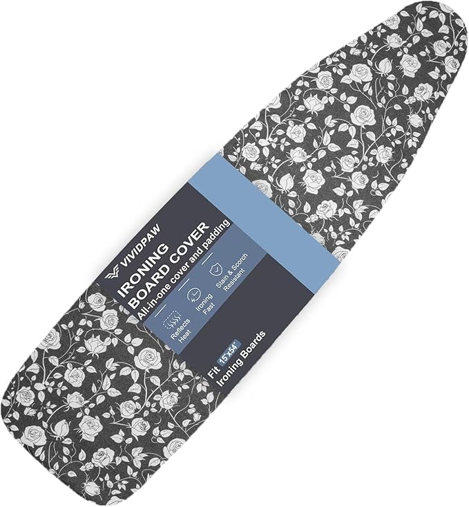 Ironing Board Cover and Pad, Standard Size 15x54, Thick Padding, Elastic Edge, Resist Scorching, Adjustable Fastener, Heavy Duty Floral Iron Board Covers (Rose)