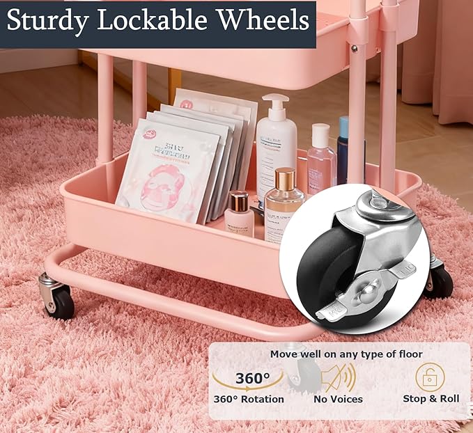 3 Tier Rolling Cart Pink Utility Cart with Table Top Multi-Functional Storage Trolley for Office, Living Room, Kitchen, Movable Storage Organizer on Wheels with Hanging Cups