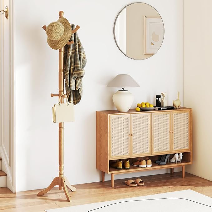 Giantex Solid Wood Coat Rack, Freestanding Hall Tree with 3 Adjustable Heights and 11 Hooks, Rubber Wood Frame, Entryway Hanger Stand, Wooden Garment Rack for Hallway, Living Room (Natural)