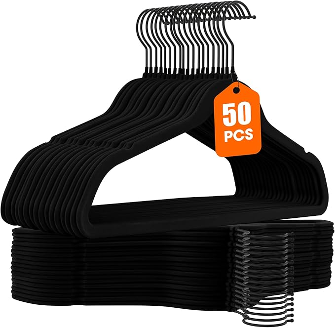 50 Pack Black Velvet Hangers,Coat Hanger Non Slip,Heavy-Duty,Space Saving,Slim Clothes Hangers for Pants,Outfit,Skirts,Suits,Coats,Dresses ect.Felt Hanger with Black 360°Swivel Hook